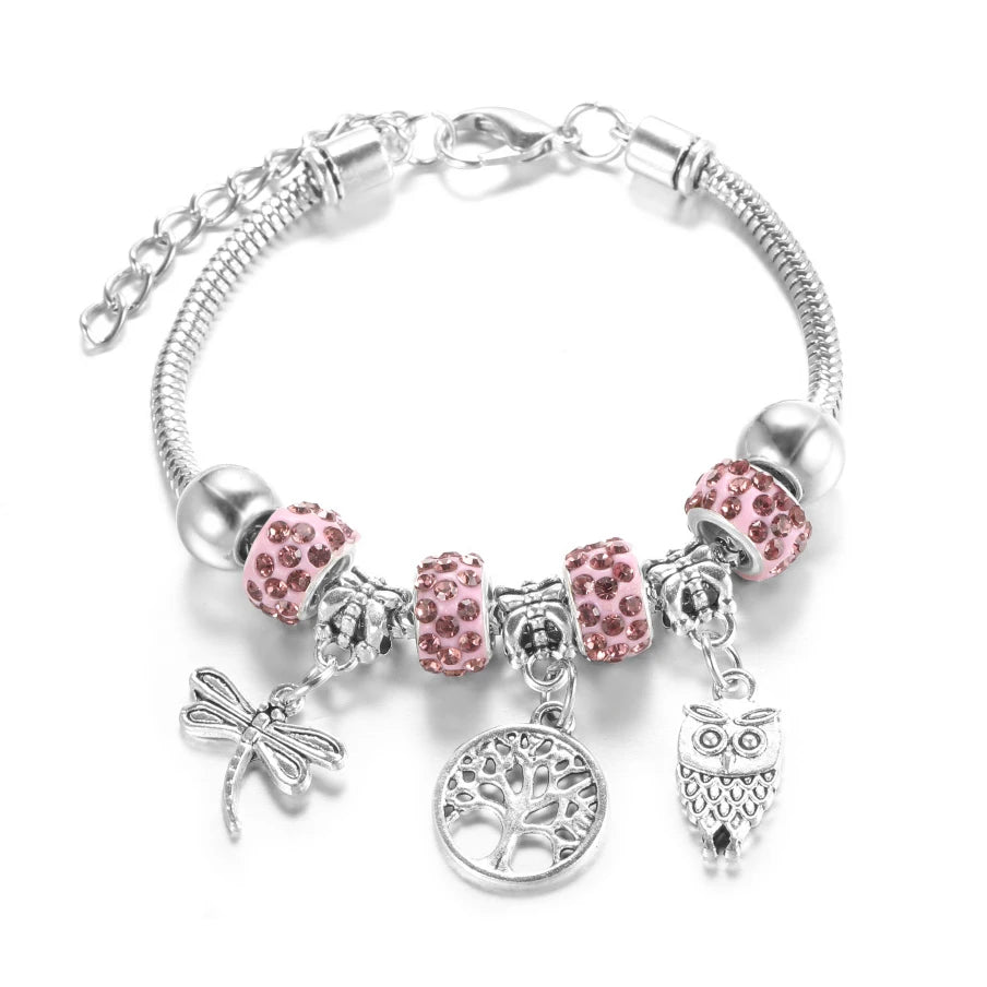 Elegant Heart Lock Charm Beaded Bangle Adjustable Snake Chain Bracelet for Women