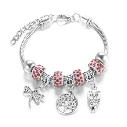 Elegant Heart Lock Charm Beaded Bangle Adjustable Snake Chain Bracelet for Women