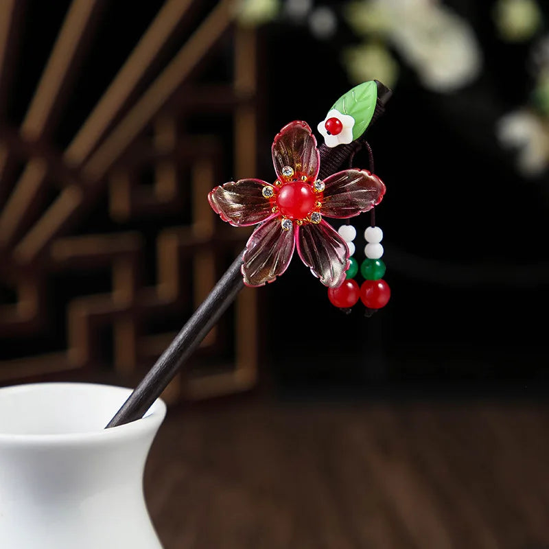 Vintage 2024 Wooden Hair Stick With Tassel Chinese Winding Flower Hairpin