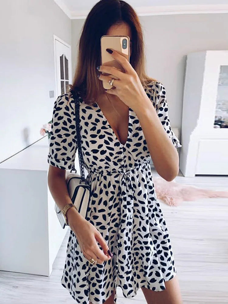 White Sand Spot Mini Sundress Wrap Button V Neck Beach