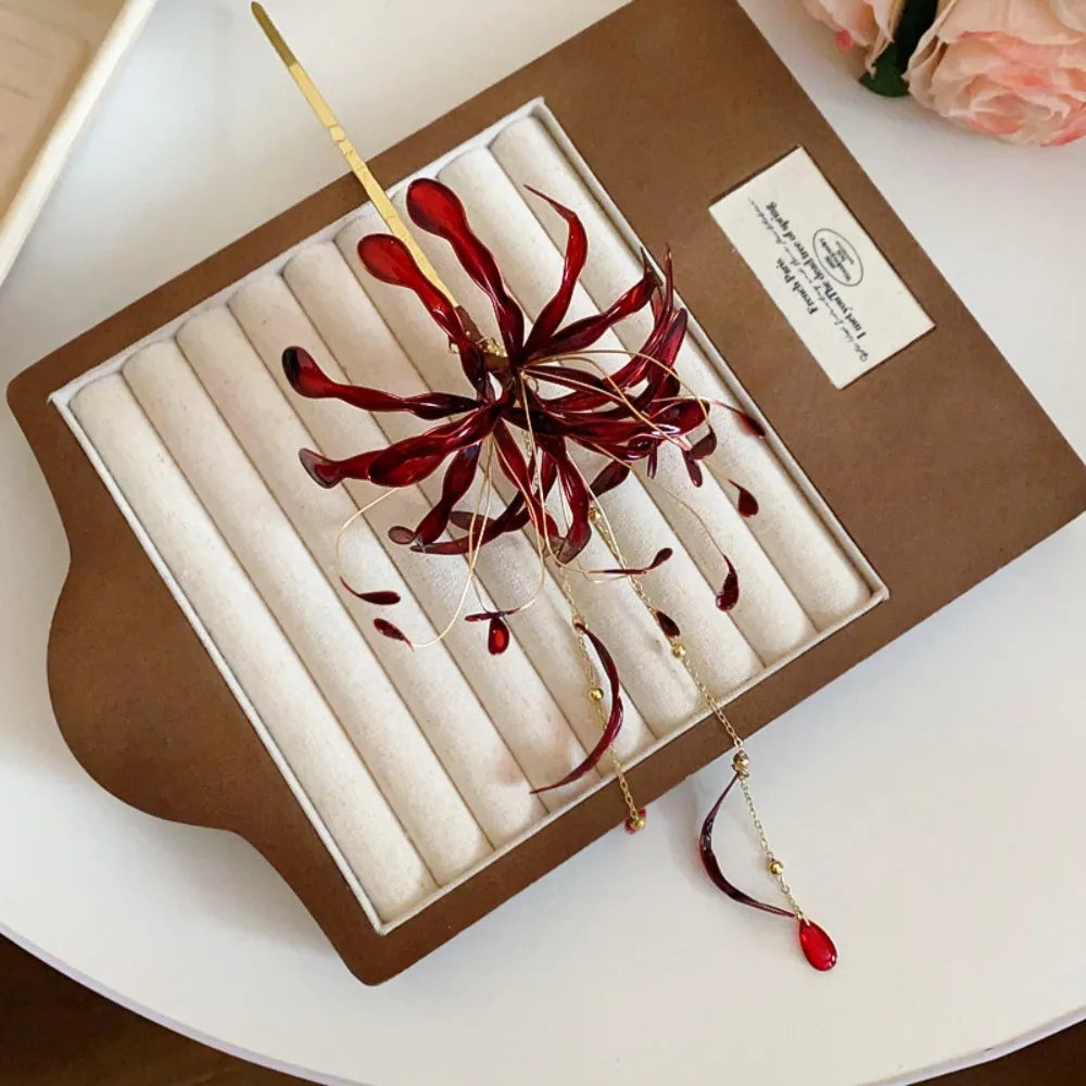 Exquisite Vintage Style Spider Lily Hair Sticks With Elegant Dripping Oil Tassels
