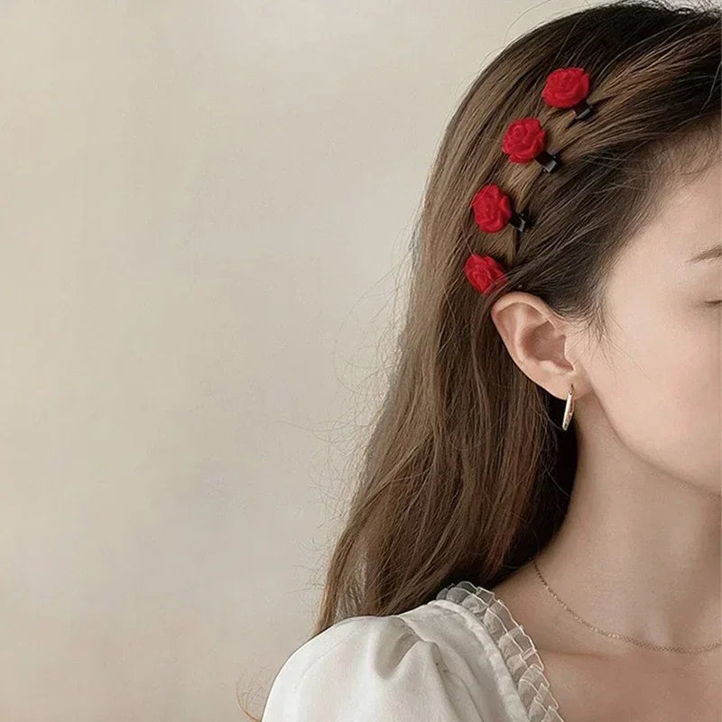 Velvet Rose Hairpins Set for Women and Girls - Elegant Red Flower Hair Clips for Weddings and Special Occasions
