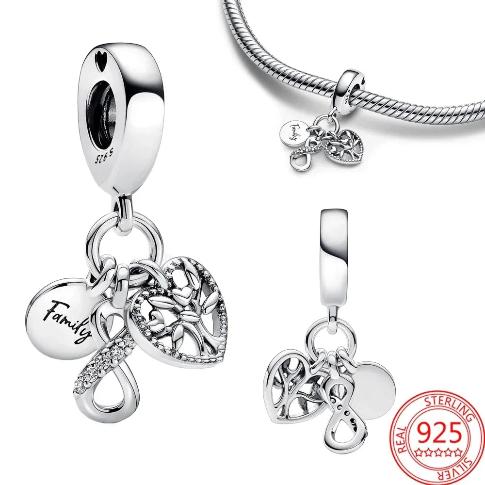 Original 925 Sterling Silver Four Leaf Clover and Heart Double Dangle Charm for Necklace and Bracelet Friendship Jewelry with Zircon Accents