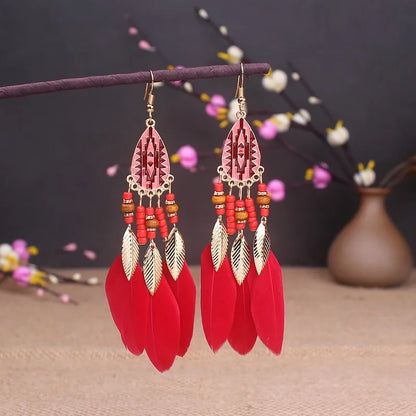 Bohemian Long Feather Drop Earrings with Tassel Beads and Enamel Flowers for Women