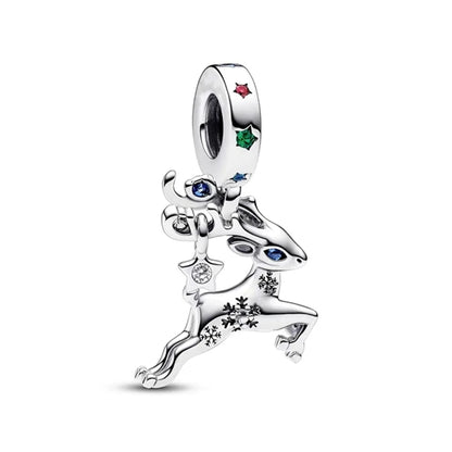 925 Sterling Silver Santa Elk Moon Star Bead Charm Cute
