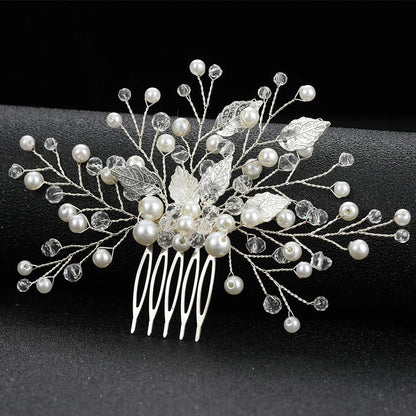 Crystal Pearl Leaf Hair Comb Clip - Handmade Wedding Tiara for Brides Style 5