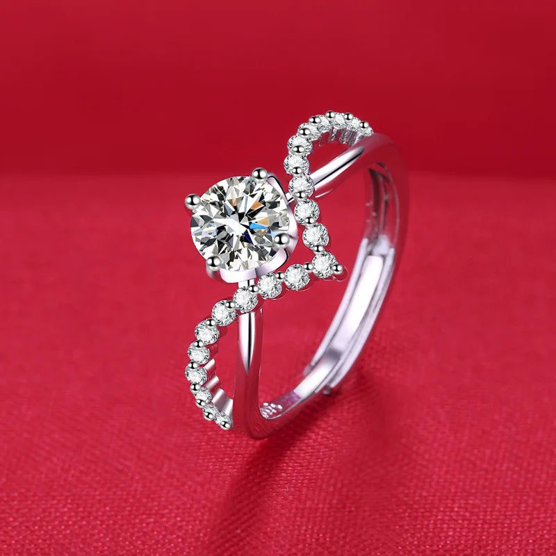 Elegant 925 Sterling Silver Heart Zircon Adjustable Ring for Women