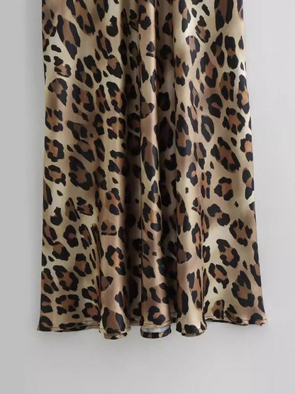 Leopard Print Satin Midi Skirt High Waist For Women Summer