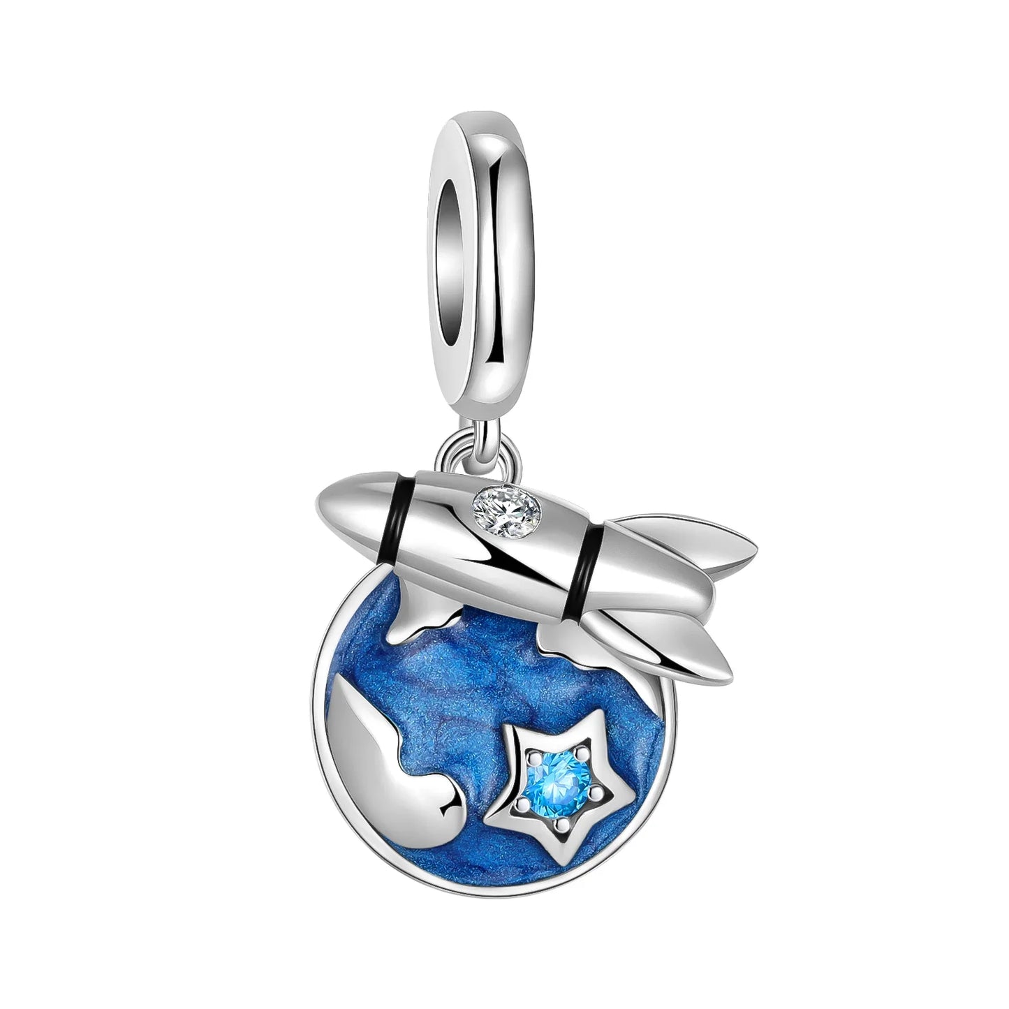Original 925 Sterling Silver Blue Zircon Space Charms Aircraft Planet Astronaut Beads for DIY Necklace and Bracelet Jewelry Gift