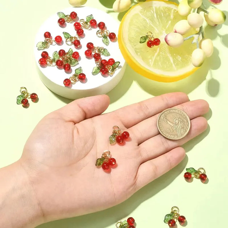 Acrylic Red Cherry Charms 3D Fruit Pendants for DIY Jewelry Making 18mm 10-Pack