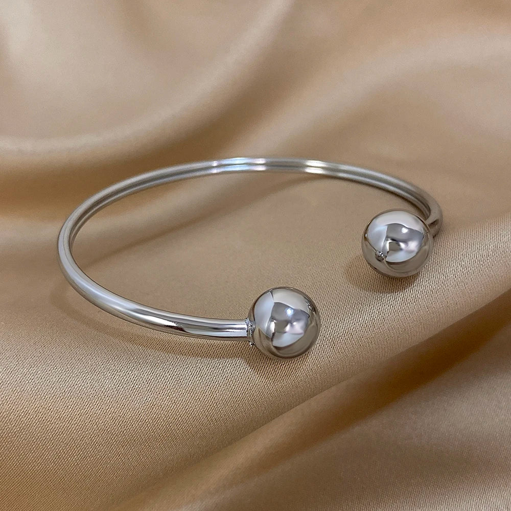 Greatera Gold Plated Minimalist Double Ball Stainless Steel Women's Cuff Bracelet