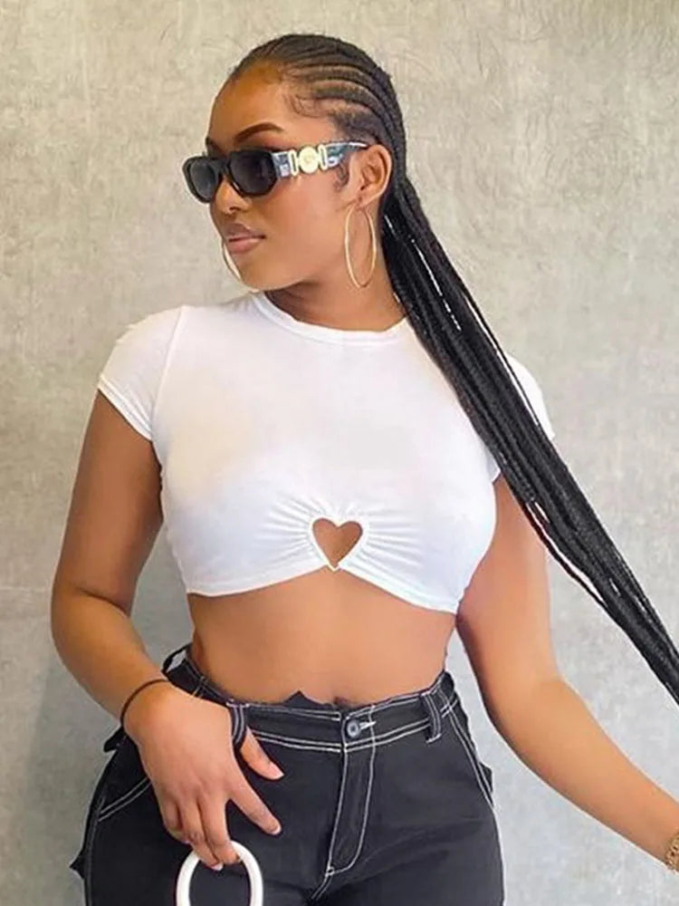 Slim White Crop Top with Heart Cutout for Women Streetwear