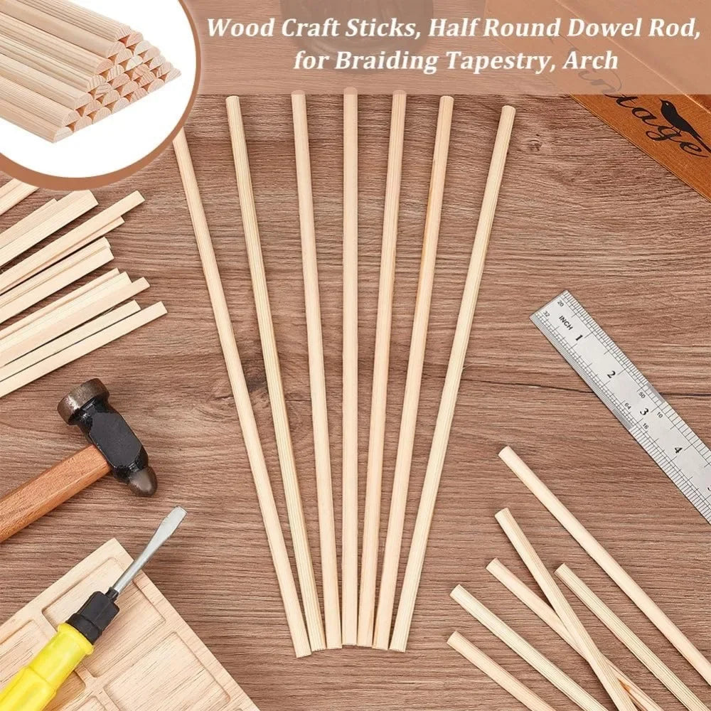 Natural Half Round Wood Sticks 30 Pack - Unfinished 11.8 Inch Wooden Dowels for Crafting and DIY Projects
