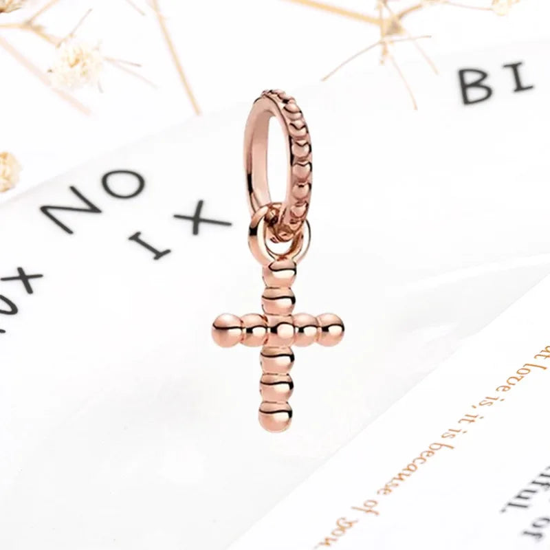 Rose Gold Winged Angel Heart Charm Bead Pink Daisy Spacer