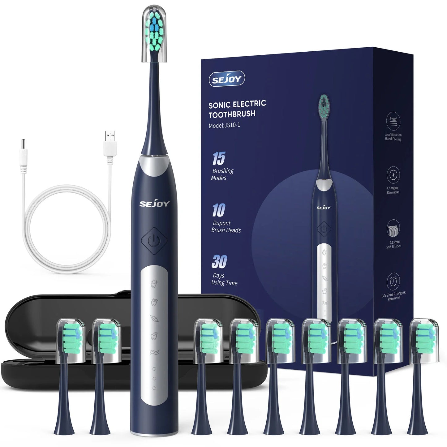 SEJOY Sonic Electric Toothbrush JS10 5 Modes Smart Care Blue Set GERMANY