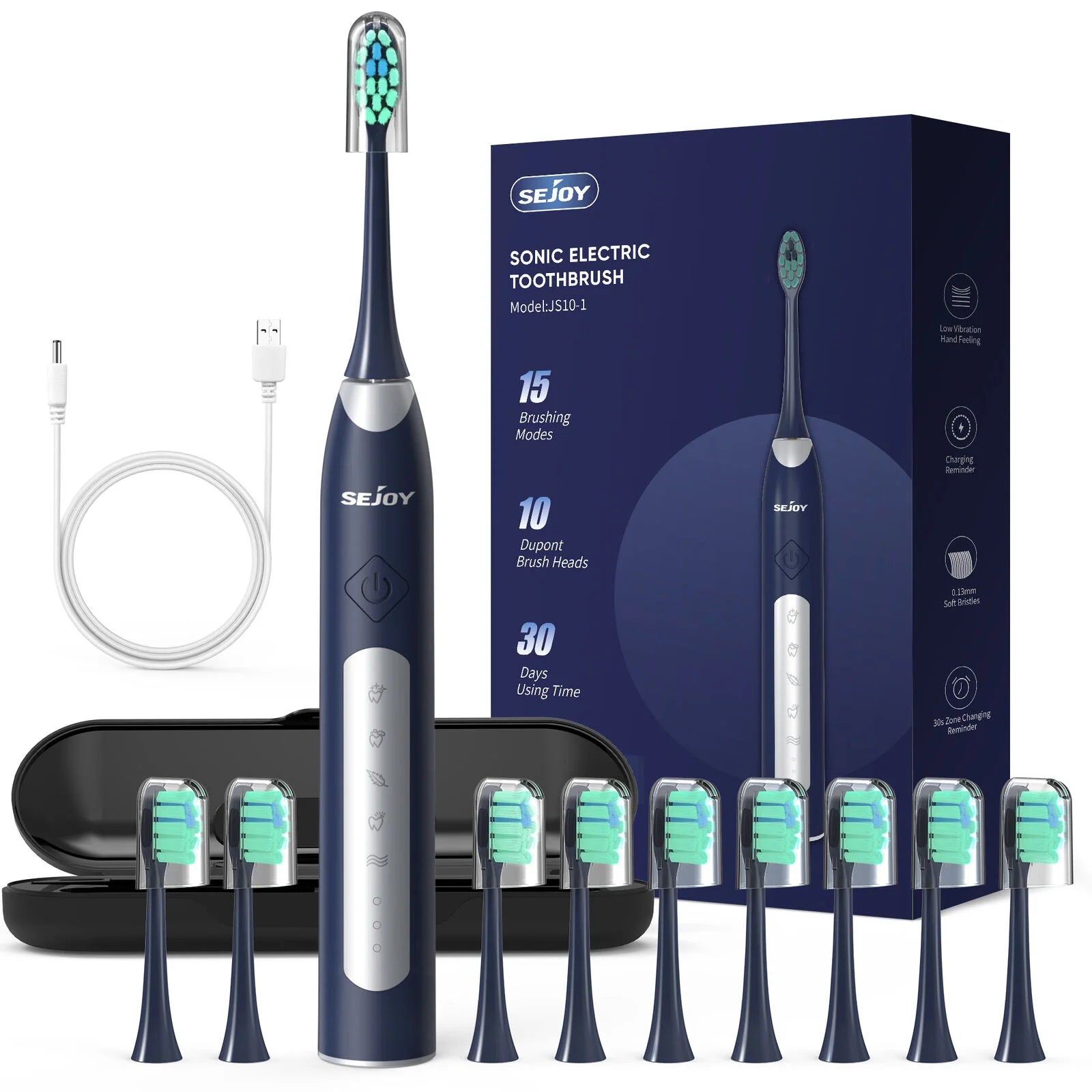 SEJOY Sonic Electric Toothbrush JS10 5 Modes Smart Care Blue Set GERMANY