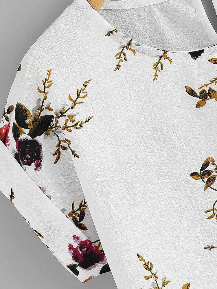 Summer Floral Print Blouse O Neck Short Sleeve Women