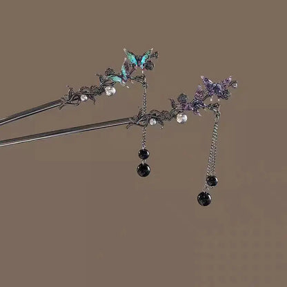 Elegant Double Butterfly Tassel Hairpin with Black Beads Fringe for Women Hanfu Style