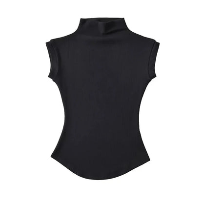 Women Summer Slim Fit Sleeveless Turtleneck Top Casual Solid Color Jersey Tee