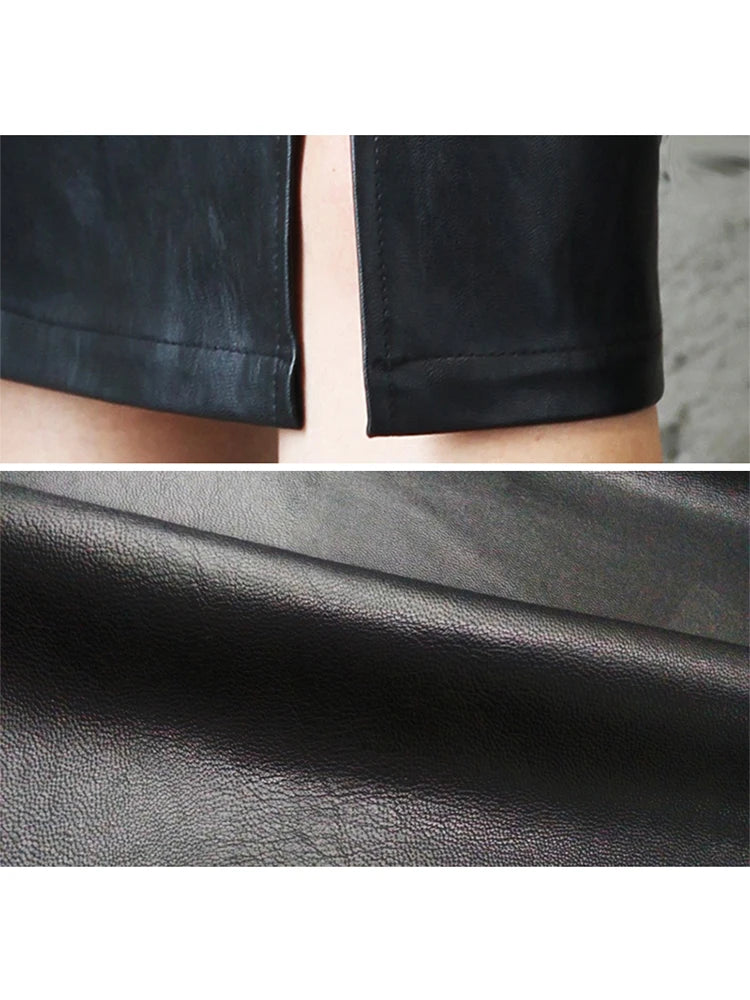2024 Women PU Leather Midi Pencil Skirt Front Or Back Slit