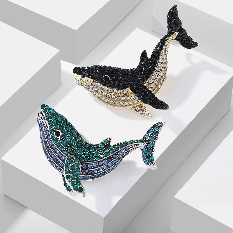 Vintage Black Dolphin Rhinestone Brooch for Women - Elegant Whale Pendant Pin for Party and Wedding