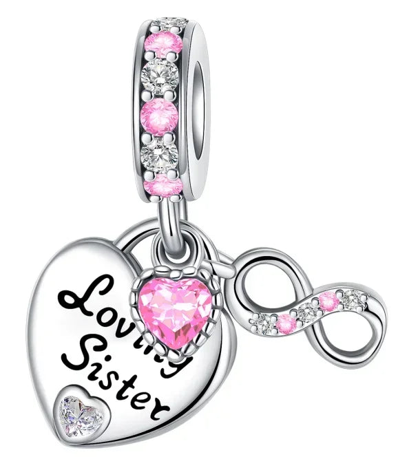 Sterling Silver Pink Blossom Dangle Charm with Butterfly Heart Flower Rose and Bird Bead for DIY Necklace and Bracelet Jewelry