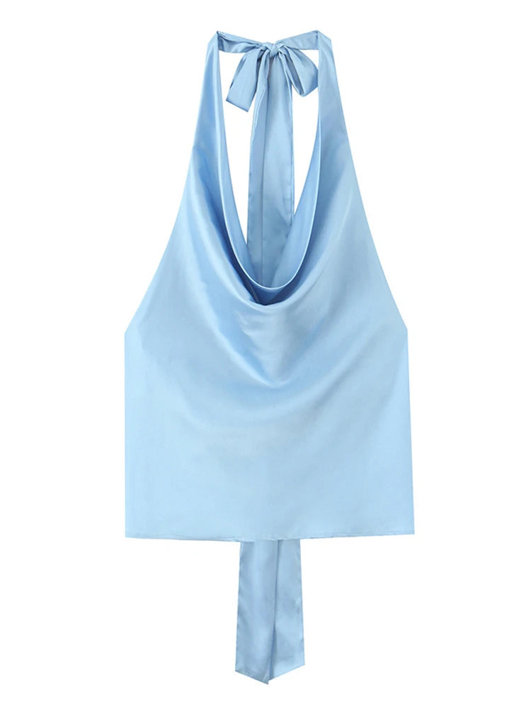 Satin Halter Top With Adjustable Tie Open Back Beach Blouse