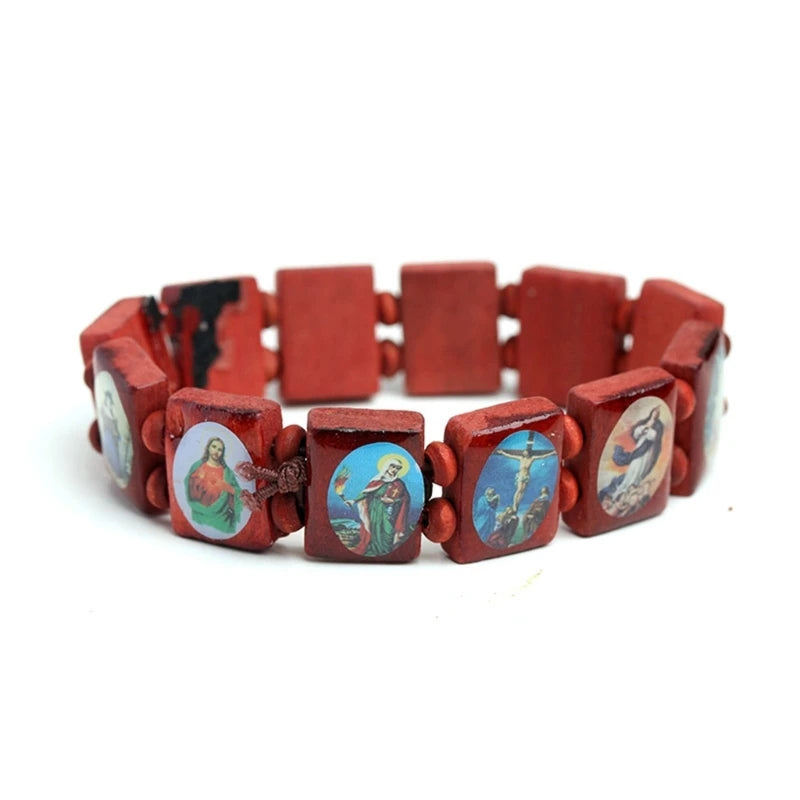 Colorful Wooden Rosary Bracelet with Elastic Beaded Design for Religious Devotion