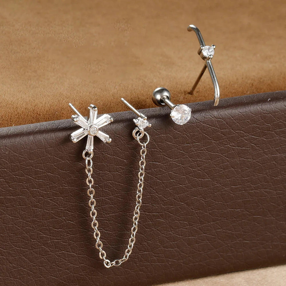 3PCS Gold-Plated Stainless Steel Stud Earrings Set for Women with Zircon Cartilage Piercing Fashion Jewelry