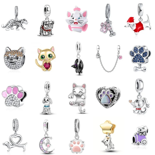 Sterling Silver Paw Print and Bone Charm Bead for Pet Bracelet Jewelry