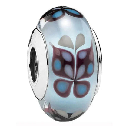 925 Sterling Silver Cosmic Rainbow Murano Glass Beads with Flower and Leaf Charms for DIY Women Jewelry
