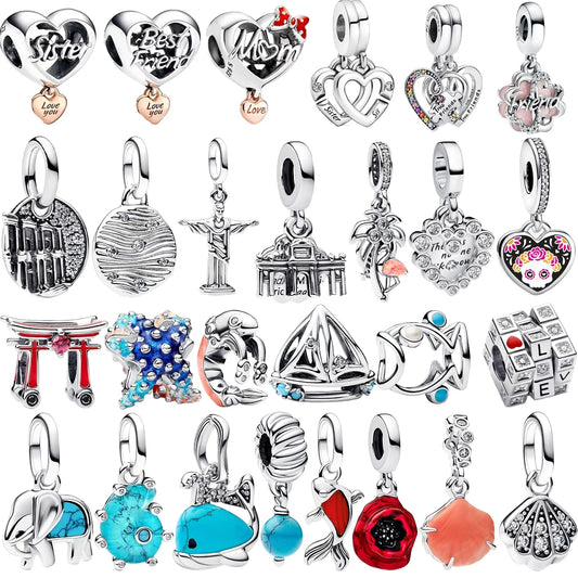 Original 925 Sterling Silver Four Leaf Clover and Heart Double Dangle Charm for Necklace and Bracelet Friendship Jewelry with Zircon Accents