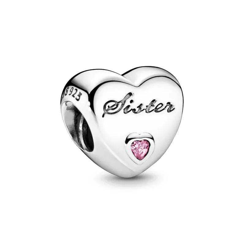 Family Charm Pendant Pink Flower Heart Clover Dangle Bead for 925 Silver Bracelets P154