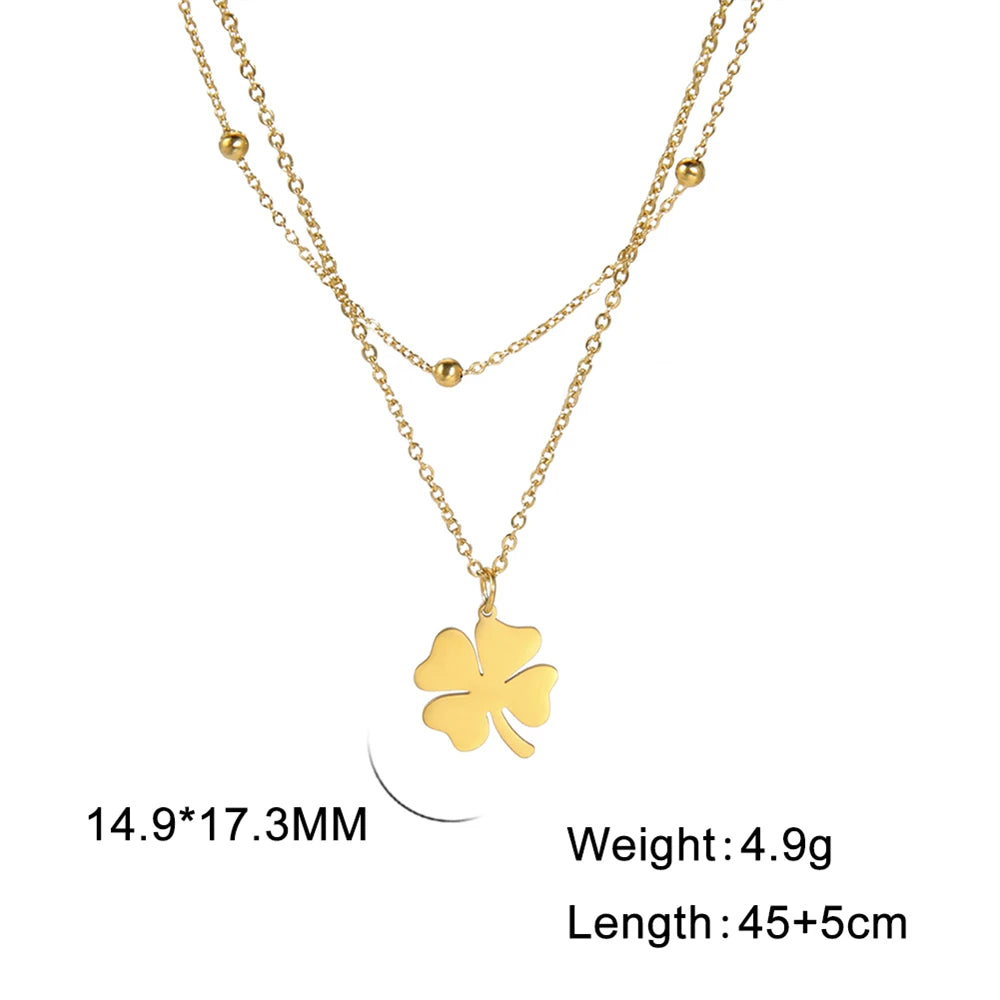 Cazador 2025 Lucky Clover Pendant Necklace Gold Color Double Layer Stainless Steel Jewelry for Women and Girls