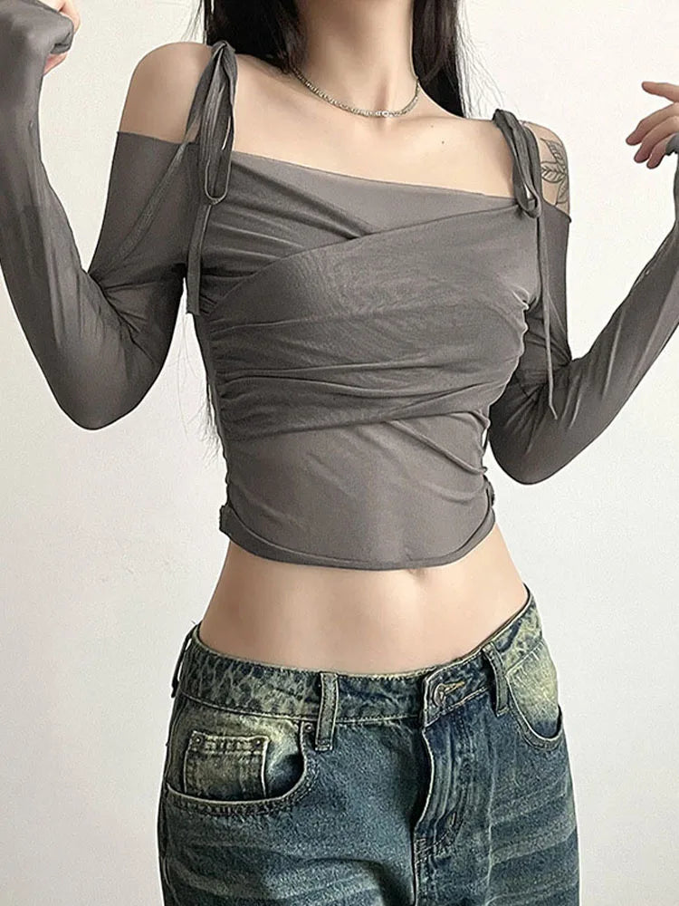 Y2K Slash Neck Off Shoulder Mesh Crop Top With Straps