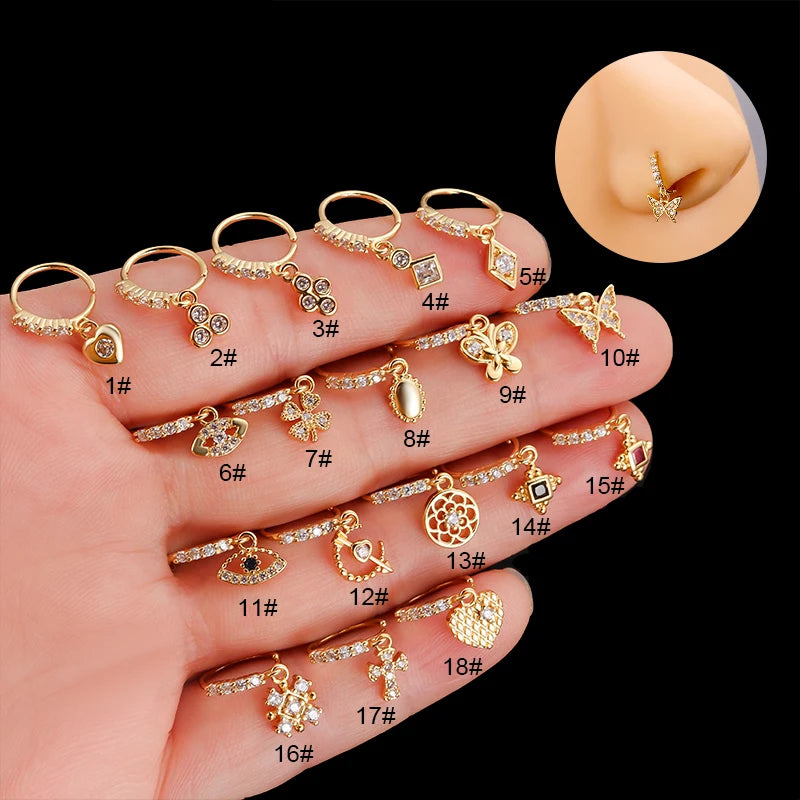 316L Surgical Stainless Steel Heart Crown Flower Butterfly Dangle CZ Nose Studs for Stylish Nose Piercing Jewelry