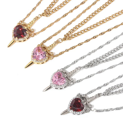 Assembled Heart and Sword Zircon Pendant Necklace Set for Couples Silver Gold Plated Choker Jewelry Gifts