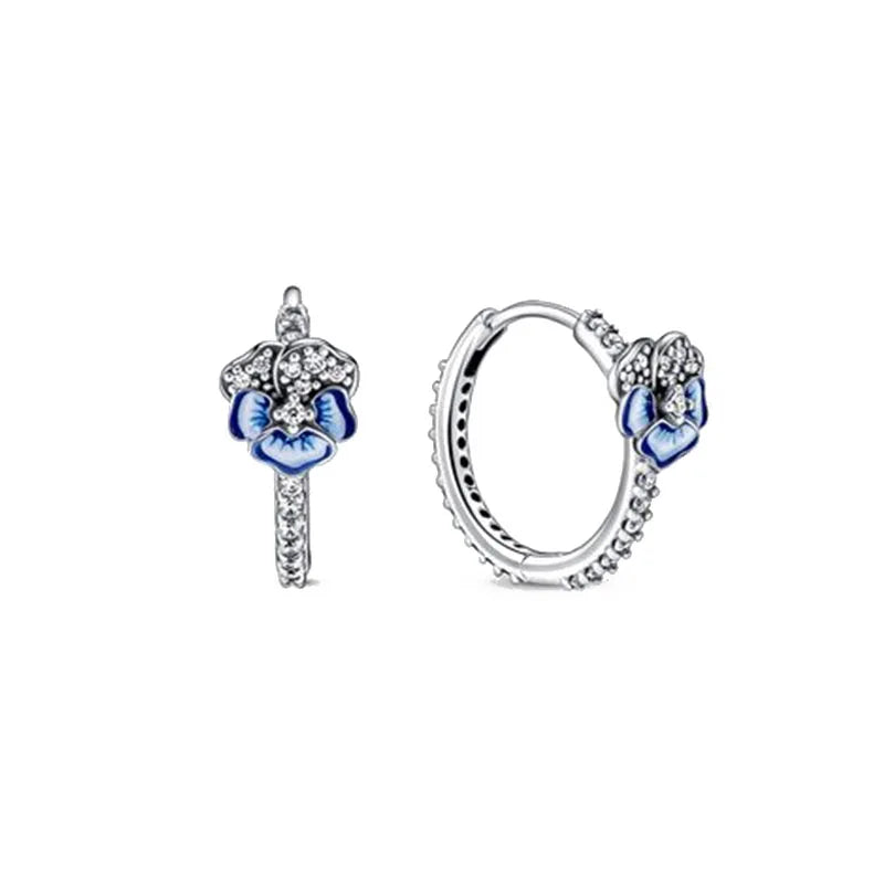 Spring Blue Flower Stud Earrings 925 Sterling Silver Zircon Jewelry for Women P1062