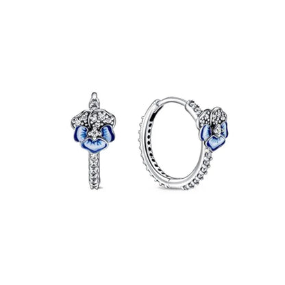 Spring Blue Flower Stud Earrings 925 Sterling Silver Zircon Jewelry for Women P1062
