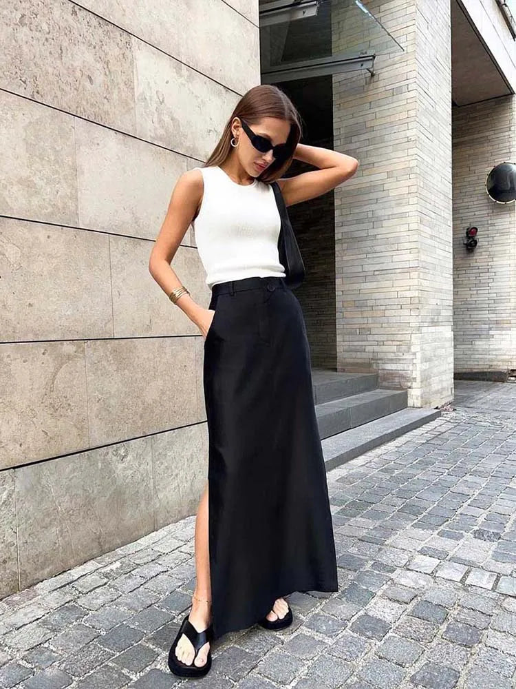 Black Loose Ankle Length A Line Skirt With Pocket Zip Women