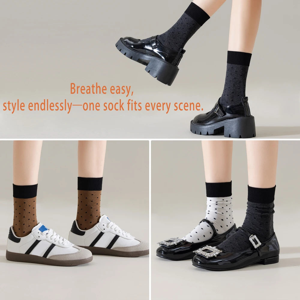 3 Pairs Women Airy Polka Dot Socks Odor Free Stretch