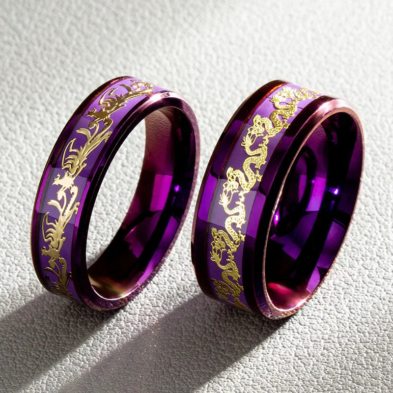 Purple Dragon Phoenix Stainless Steel Couple Rings for Wedding and Gift