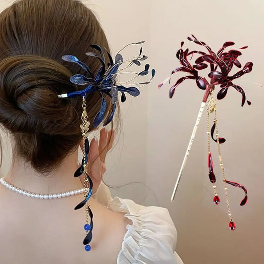 Exquisite Vintage Style Spider Lily Hair Sticks With Elegant Dripping Oil Tassels