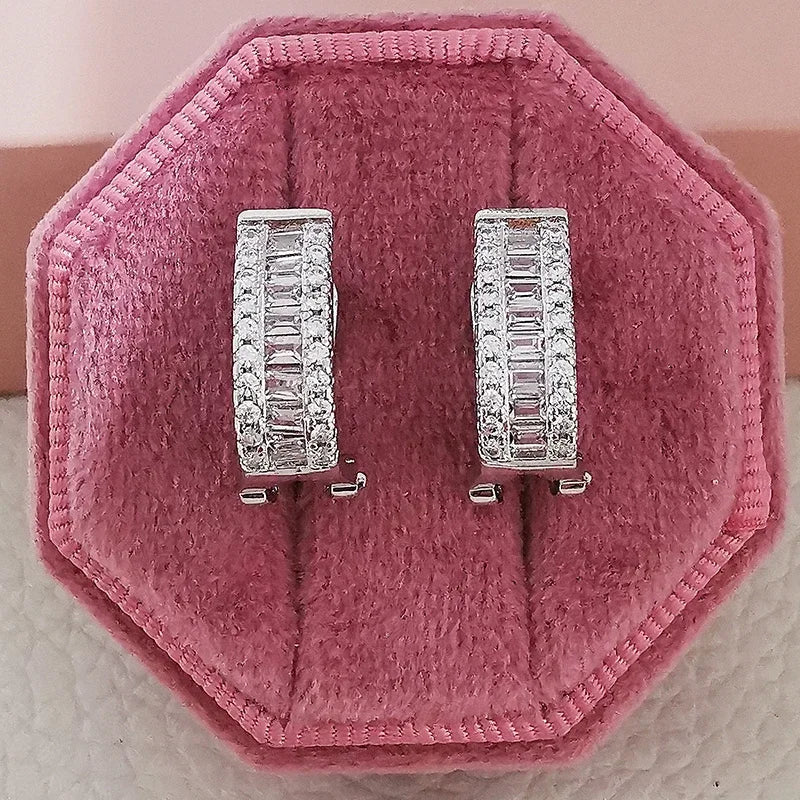 Elegant Princess Round Silver Korean Cubic Zirconia Stud Earrings for Women Anniversary Gift