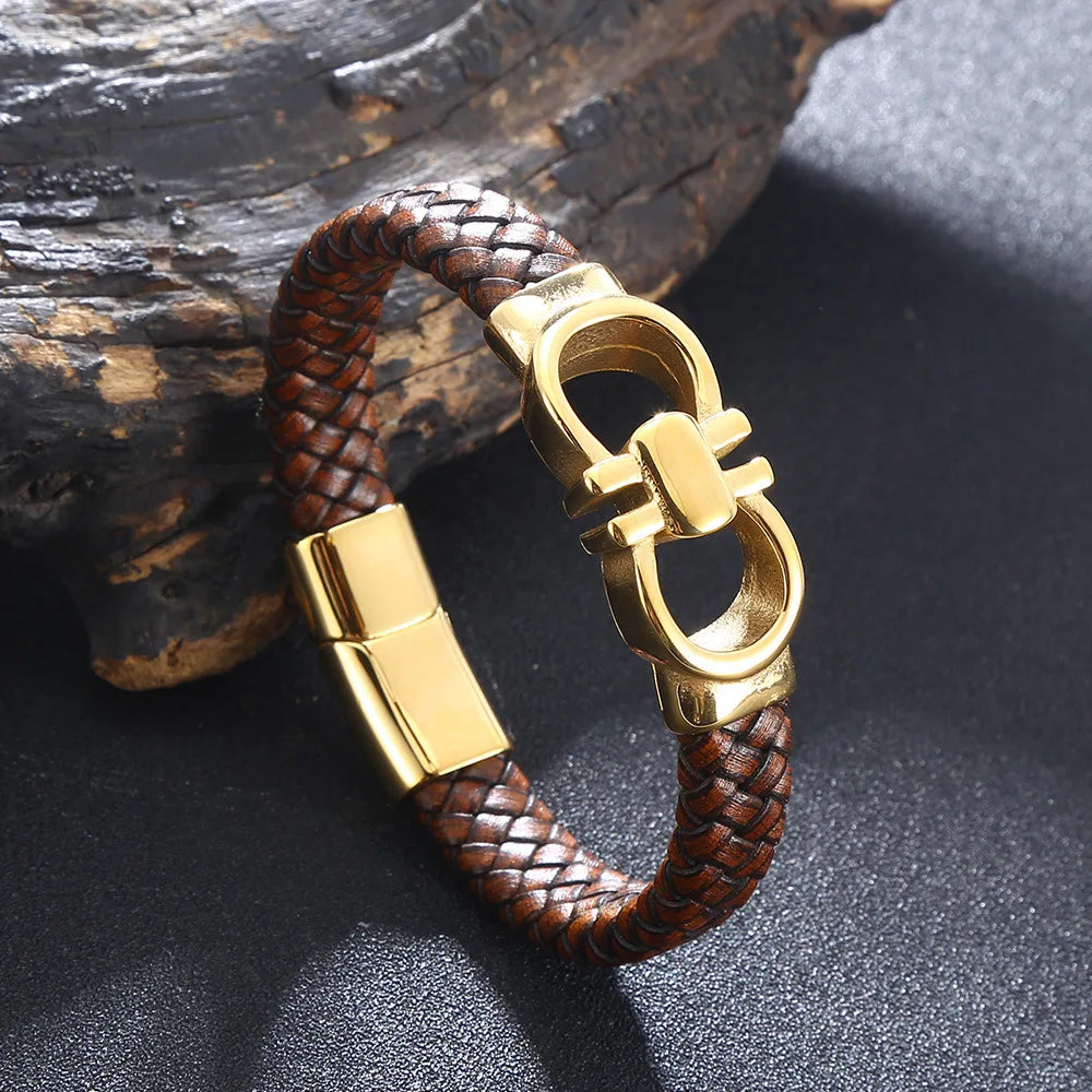 Men's Leather Punk Rock Bracelet with Stainless Steel Fashion Buckle