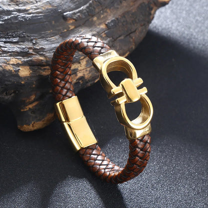 Men's Leather Punk Rock Bracelet with Stainless Steel Fashion Buckle