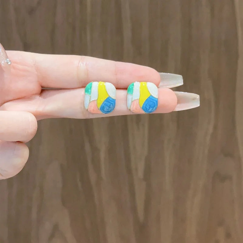 Pink Blue Grid Enamel Square Stud Earrings for Women Colorful Geometric Bohemian Fashion Jewelry