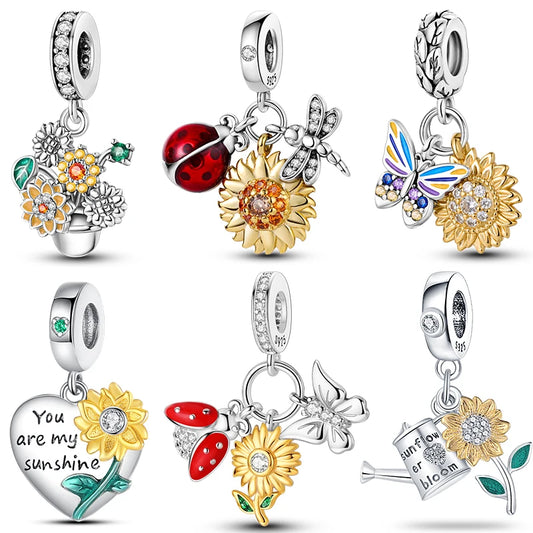 Sterling Silver Heart Sunflower Charm Pendant For Bracelet