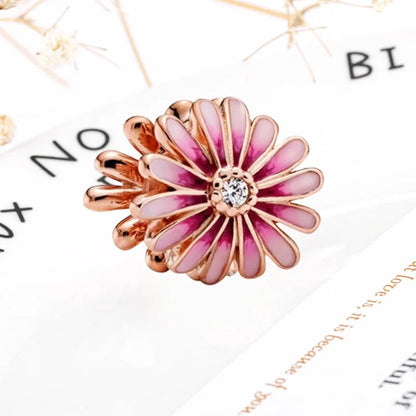 Rose Gold Winged Angel Heart Charm Bead Pink Daisy Spacer
