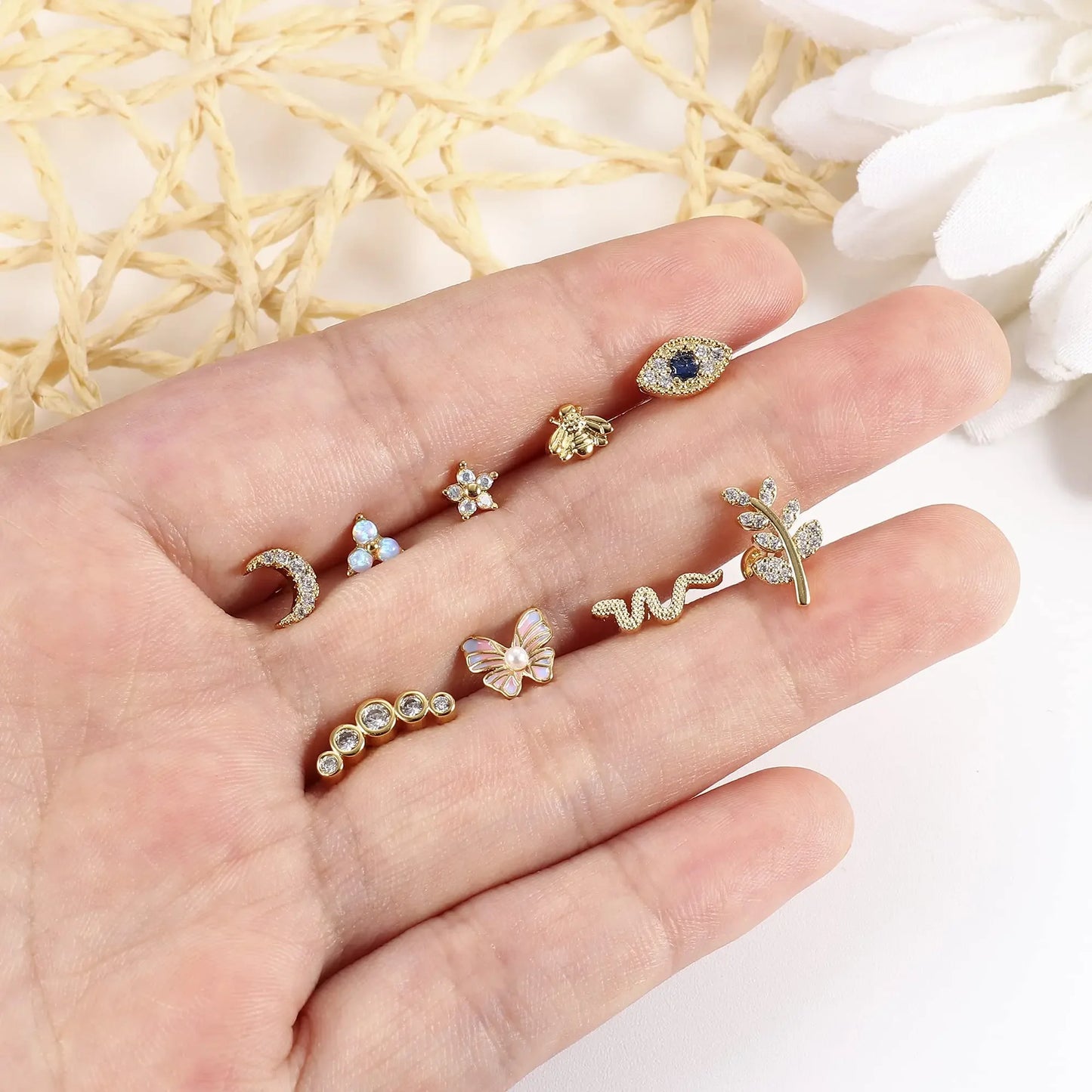 Drperfect 16G Gold Stainless Steel Cartilage Earrings for Women with Flat Back Butterfly Moon Flower Design